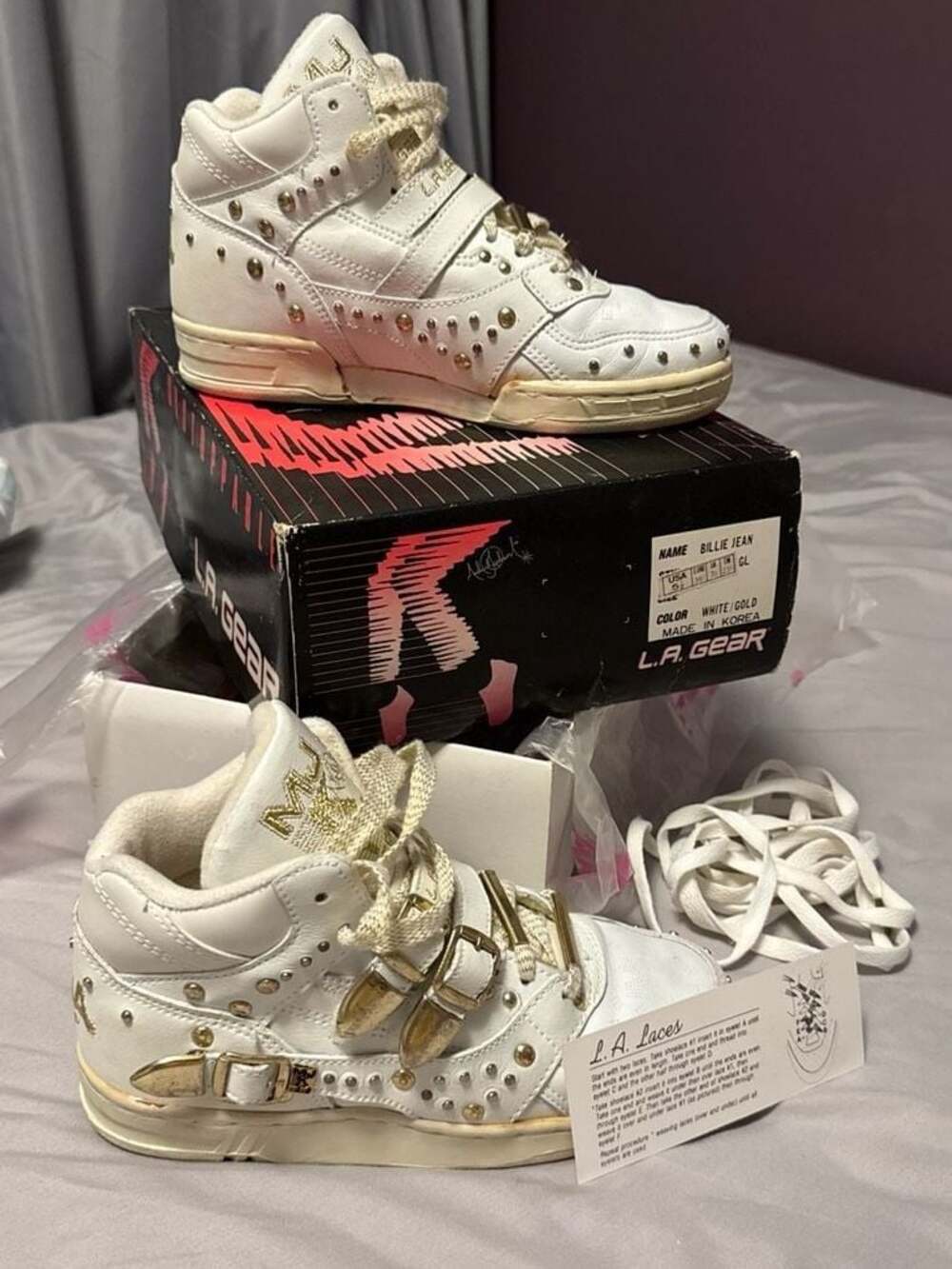 1990 MJackson LA Gear Unstoppable Billie Jean Stud High Top White/Gold Size 5.5